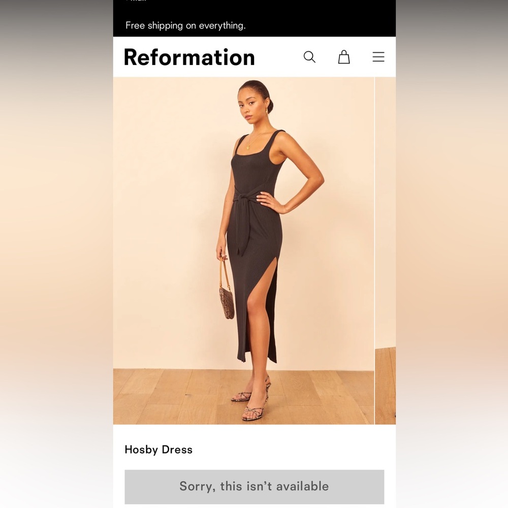 Reformation Hosby Dress - Black Ribbed Maxi Dress with Side Slit and Tie Waist